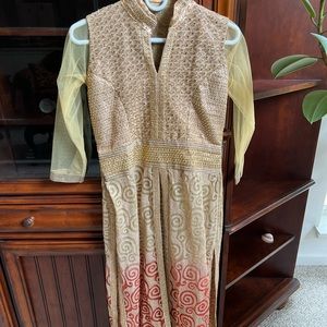 Yellow Gold Red Ombre Anarkali Indian Dress Suit